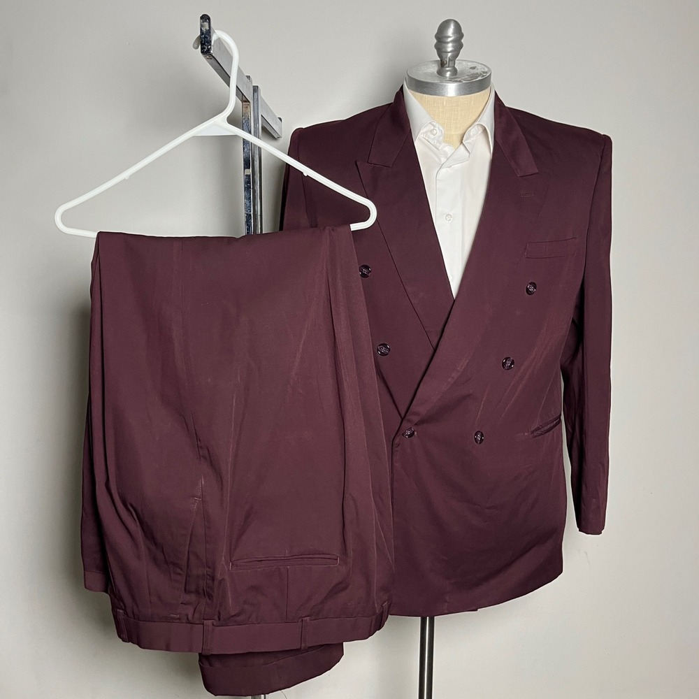 Gino Cappeli Suit Mens 46R 41W Burgundy Solid Double Breasted Vintage Pleated